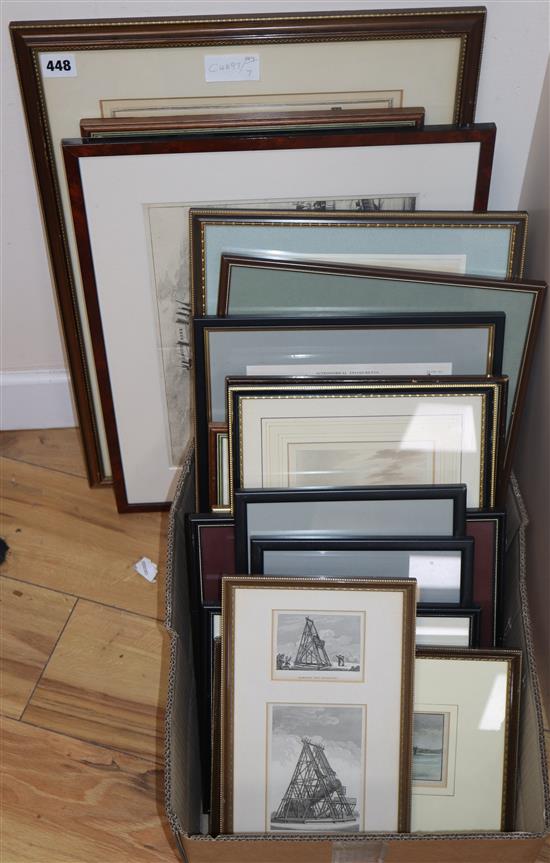 A quantity of assorted engravings and other prints, some depicting scientific instruments including telescopes